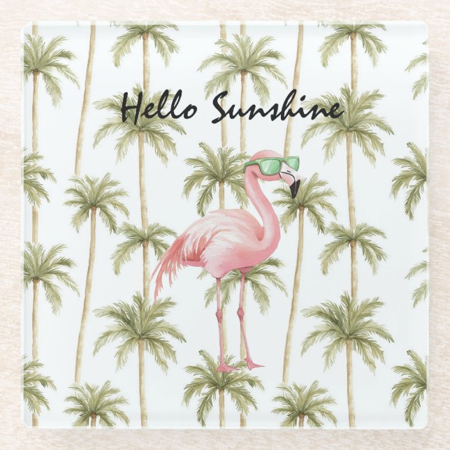 Pink Flamingo Palm Trees Glass Coaster (Front)