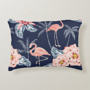 Pink flamingo, palm trees, rose, orchid flower, le decorative cushion