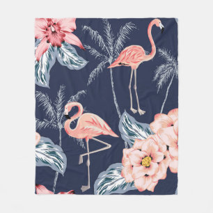 Pink flamingo, palm trees, rose, orchid flower, le fleece blanket