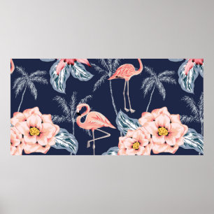 Pink flamingo, palm trees, rose, orchid flower, le poster