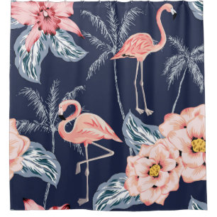 Pink flamingo, palm trees, rose, orchid flower, le shower curtain
