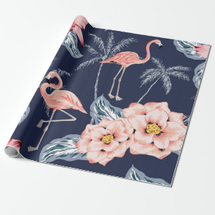 Pink flamingo, palm trees, rose, orchid flower, le wrapping paper