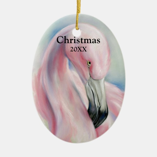 Pink Flamingo Pastel Art Christmas Ceramic Tree Decoration (Front)