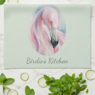 Pink Flamingo Pastel Art Personalised Name Tea Towel