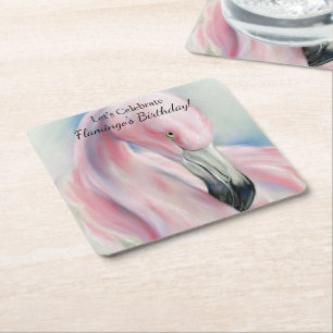 Pink Flamingo Pastel Art Square Paper Coaster