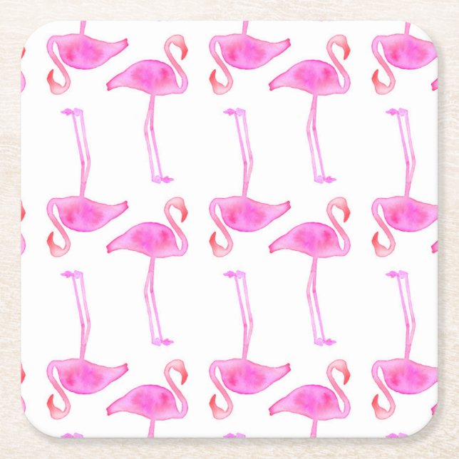 Pink Flamingo Pattern 2 Square Paper Coaster (Front)