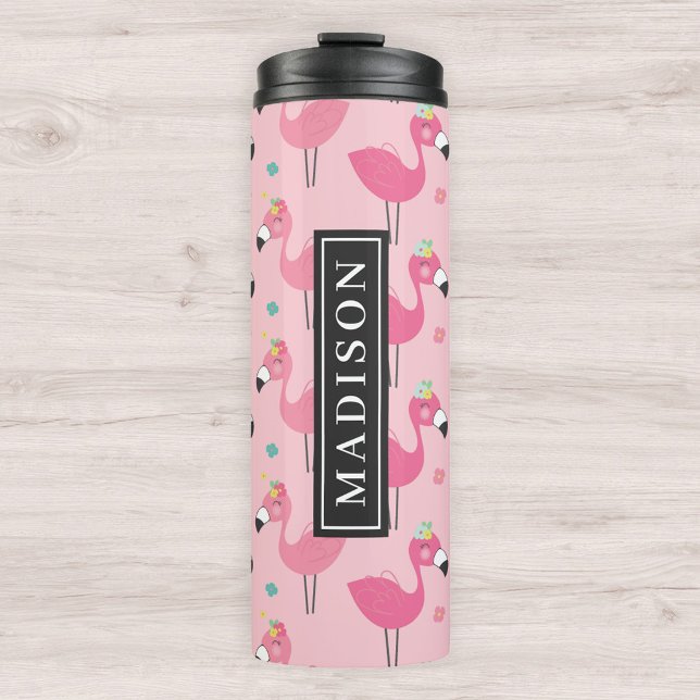 Pink Flamingo Pattern Custom Name Template Thermal Tumbler (Creator Uploaded)