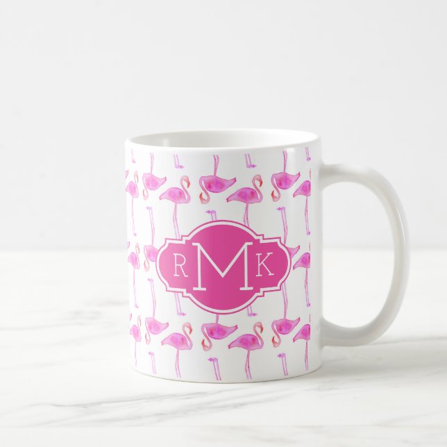Pink Flamingo Pattern | Monogram Coffee Mug (Right)