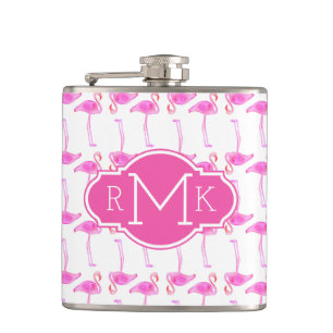 Pink Flamingo Pattern Monogram Hip Flask