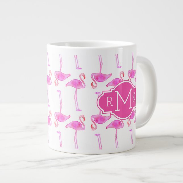 Pink Flamingo Pattern | Monogram Large Coffee Mug (Front Right)