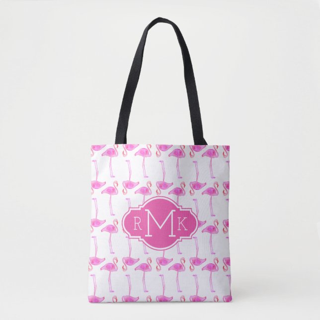 Pink Flamingo Pattern | Monogram Tote Bag (Front)
