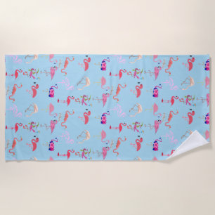 pink Flamingo pattern summer tropical on aqua blue Beach Towel