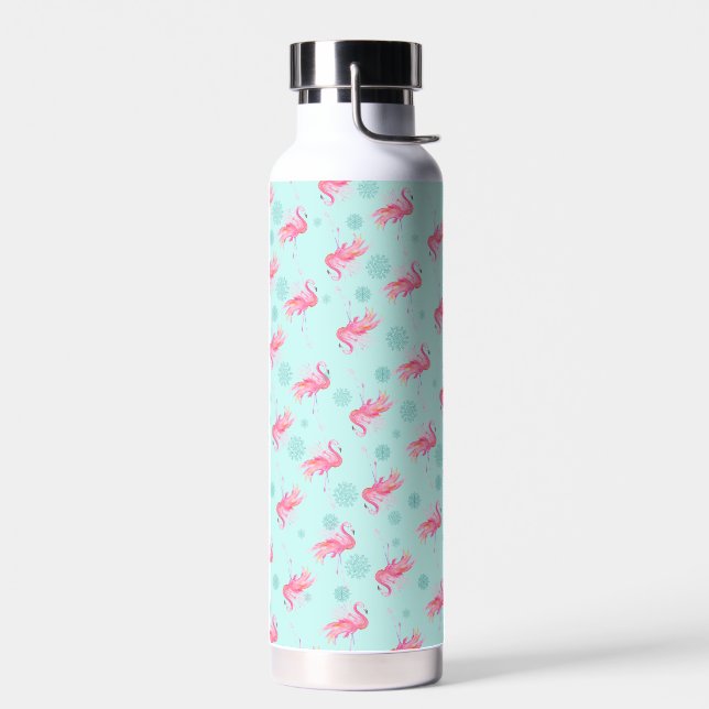 Pink Flamingo Pattern Turquoise Water Bottle (Left)