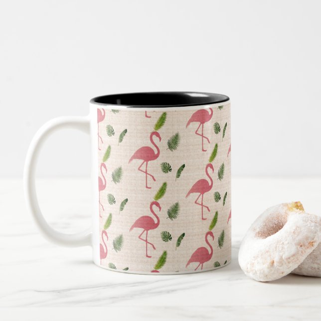 Pink Flamingo Pattern Two-Tone Coffee Mug (With Donut)