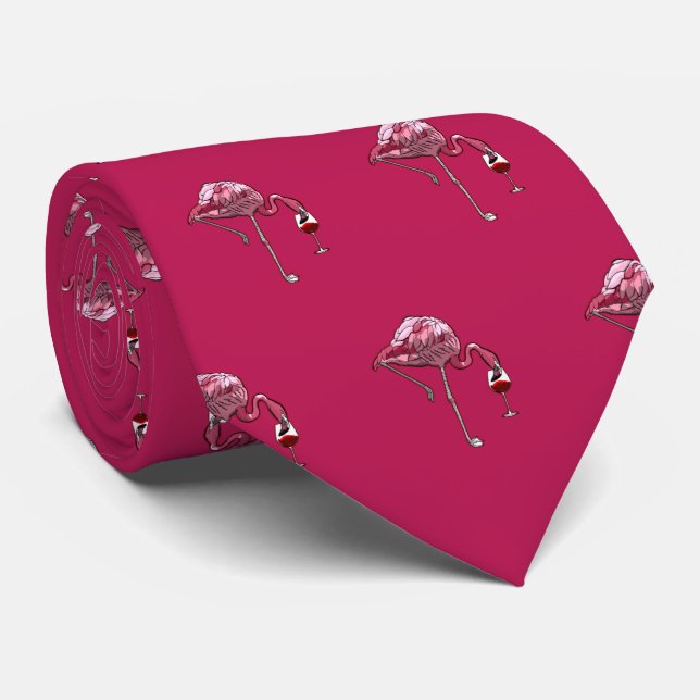 Pink Flamingo Pattern Wine Drinker Cute Tie (Rolled)