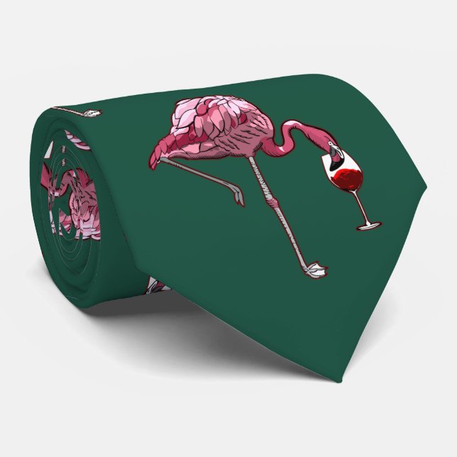 Pink Flamingo Pattern Wine Drinker Green Novelty Tie (Rolled)