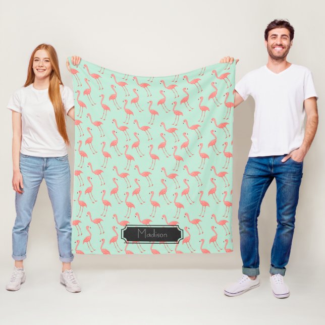 Pink Flamingo Pattern with First Name Fleece Blanket (In Situ)