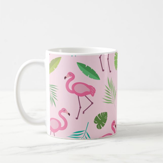 Pink Flamingo Pattern with Tropical leaves  Coffee Mug (Left)
