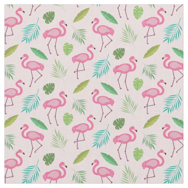 Pink Flamingo Pattern with Tropical leaves  Fabric (Close Up)
