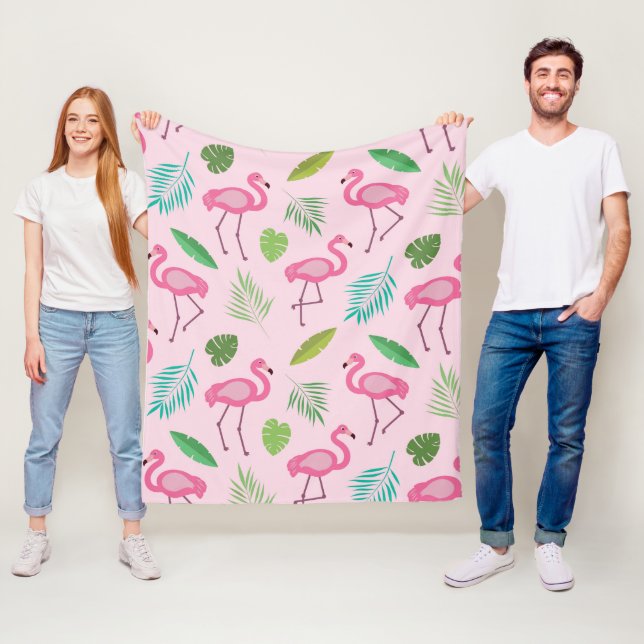 Pink Flamingo Pattern with Tropical leaves  Fleece Blanket (In Situ)