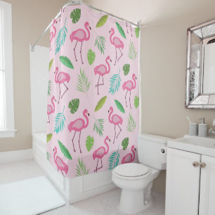 Pink Flamingo Pattern with Tropical Leaves   Shower Curtain