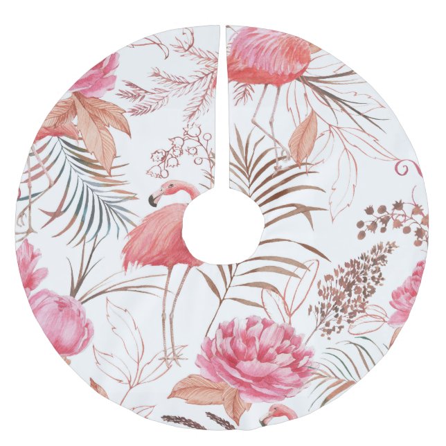 Pink flamingo, peony watercolor pattern. brushed polyester tree skirt (Front)
