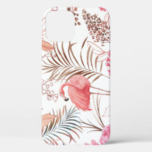 Pink flamingo, peony watercolor pattern. iPhone 12 case