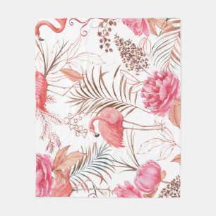 Pink flamingo, peony watercolor pattern. fleece blanket