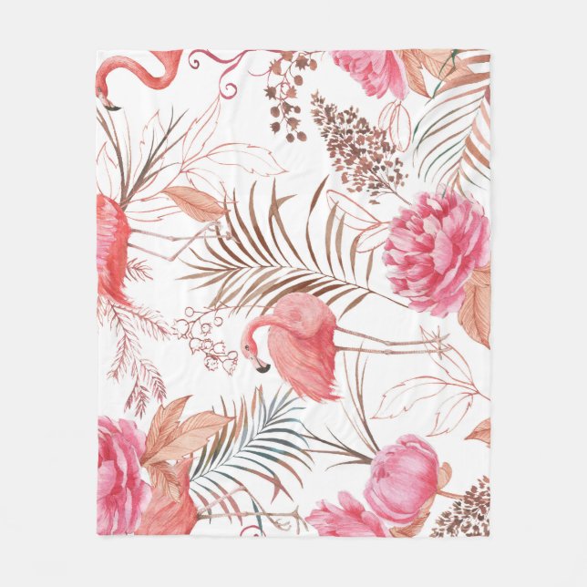 Pink flamingo, peony watercolor pattern. fleece blanket (Front)