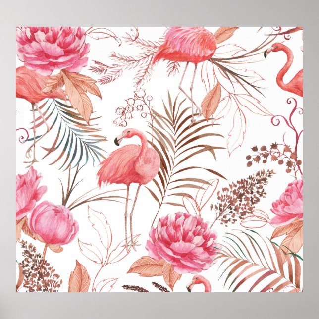 Pink flamingo, peony watercolor pattern. poster (Front)