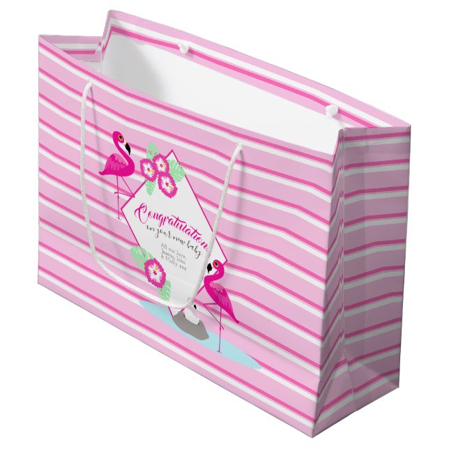 Pink flamingo personalised baby shower gift bag (Front Angled)