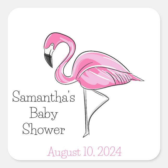 Pink Flamingo Personalised Baby Shower Square Sticker (Front)