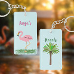 Pink Flamingo Personalised Key Ring<br><div class="desc">Your name in pink above a pink flamingo on the front. Your name in green above a green palm tree on the back.</div>