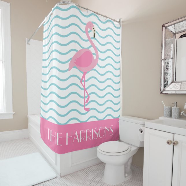 Pink Flamingo Personalised Shower Curtain (In Situ)
