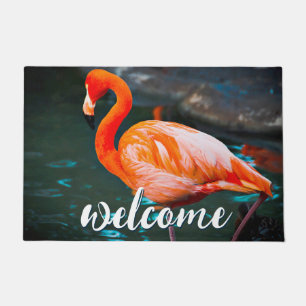 Pink Flamingo Photo Welcome Script Cute Colourful Doormat