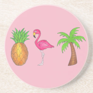 Pink Flamingo Pineapple Palm Tree Tropical Island Coaster
