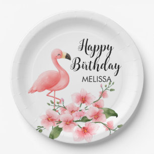 Pink Flamingo Pink Orchid Flora Birthday Paper Plate