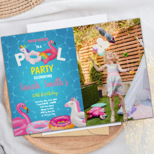 Pink Flamingo Pool Birthday Invitations w photo
