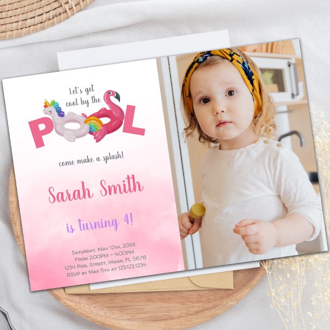 Pink Flamingo Pool Birthday Invitations with photo (Pink Flamingo Pool Birthday Invitations with photo)