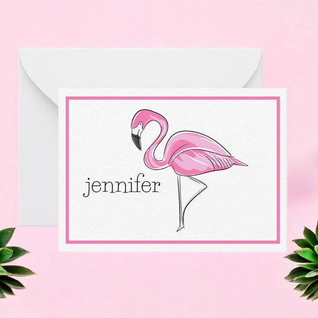 Pink Flamingo Preppy Border Personalised Card (Creator Uploaded)