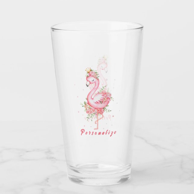 Pink Flamingo Pretty Gold Crown Rose Flowers Glass (Front)