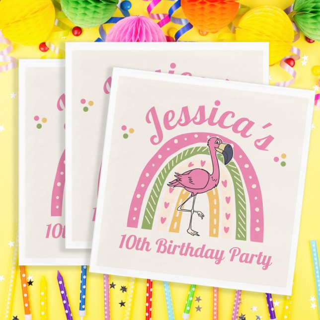 Pink Flamingo Rainbow Girl's Birthday Name Date Napkin (Creator Uploaded)