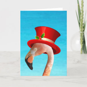 Pink Flamingo Red Top hat Holiday Card