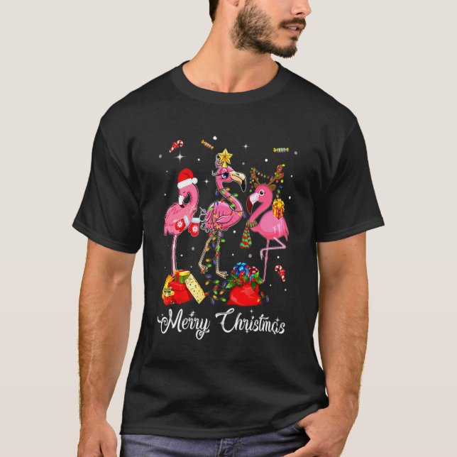 Pink Flamingo Reindeer Santa Hat Funny Merry Chris T-Shirt (Front)