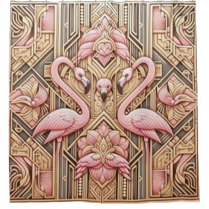 Pink Flamingo Retreat   Retro Art Deco Flamingoes Shower Curtain