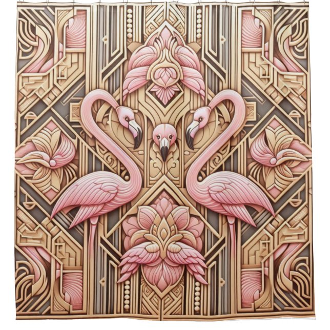 Pink Flamingo Retreat | Retro Art Deco Flamingoes Shower Curtain (Front)