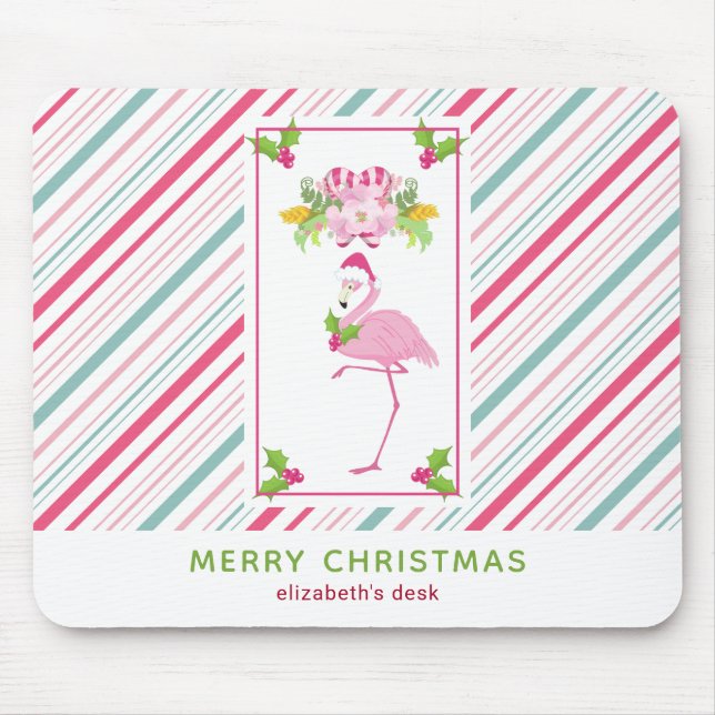 Pink Flamingo Santa Hat Candy Canes and Holly Mouse Pad (Front)