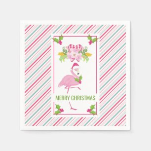 Pink Flamingo Santa Hat Candy Canes and Holly Napkin