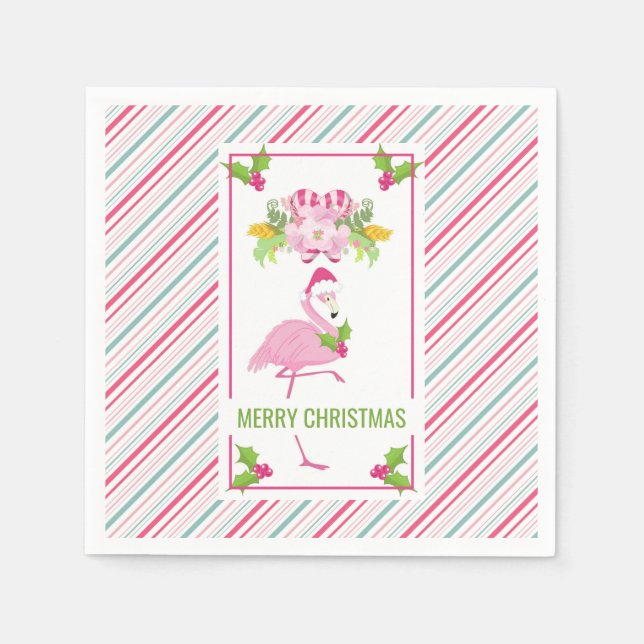 Pink Flamingo Santa Hat Candy Canes and Holly Napkin (Front)