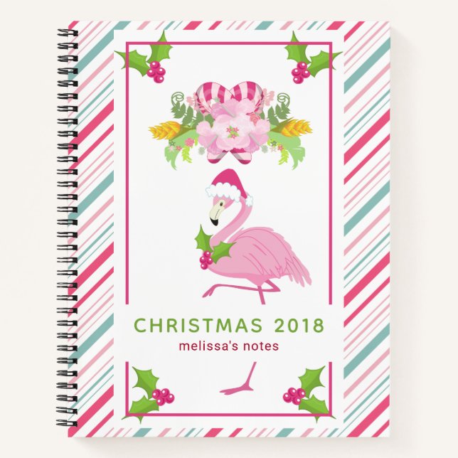 Pink Flamingo Santa Hat Candy Canes and Holly Notebook (Front)